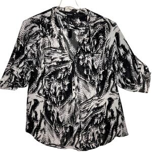 Lane Bryant Blouse Plus Size 22 24 3X Black White Print V Neck Roll Tab Sleeves